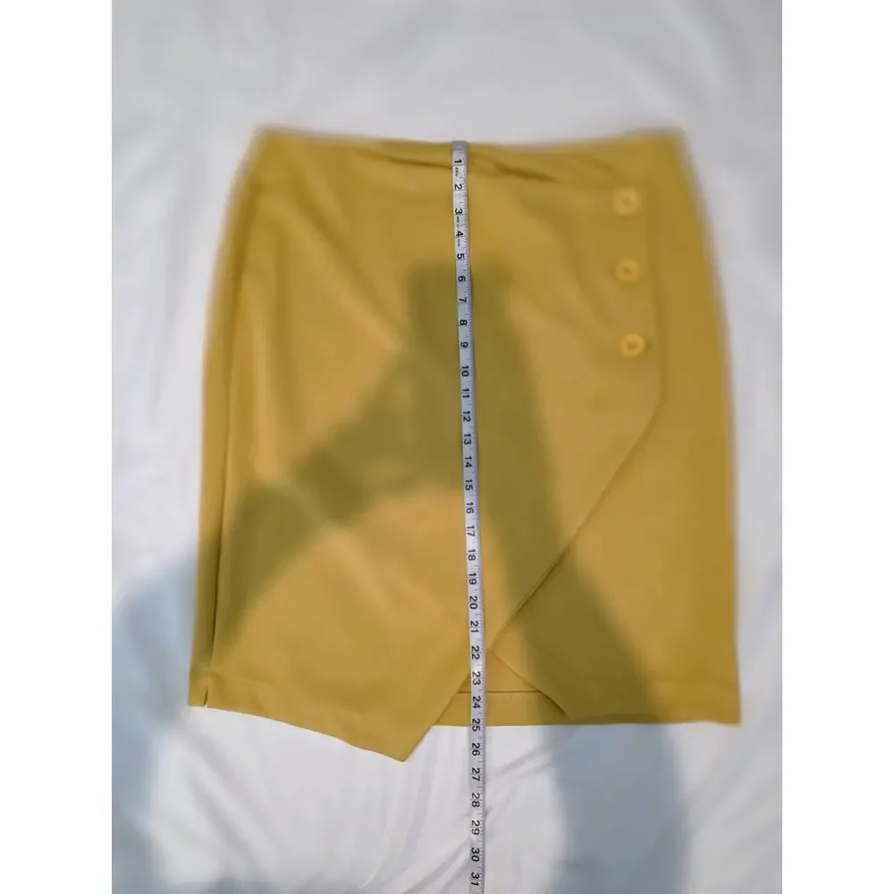 Faux Wrap Pencil Skirt Womens XL Yellow Button Detail Asymmetrical Est 1946 - Picture 7 of 11